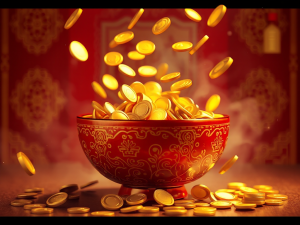 Đồng xu vàng rơi ra từ bát xóc đĩa, hiệu ứng mờ chuyển động, màu đỏ và vàng rực rỡ, hình ảnh liên quan đến trò chơi Xóc Đĩa Sunwin.