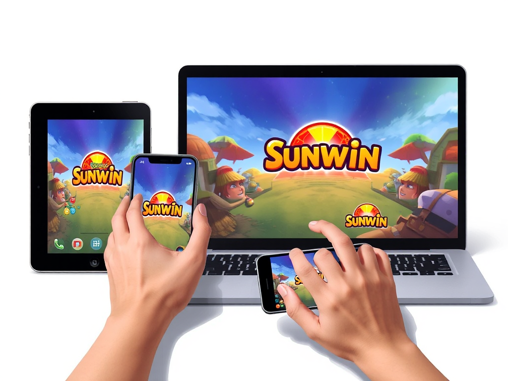 Giao Diện Cổng Game Sunwin Hiển Thị Trên Điện Thoại Ios, Android Và Laptop, Cho Thấy Trải Nghiệm Đa Nền Tảng Mượt Mà, Đồ Họa Sắc Nét. Giao diện cổng game Sunwin hiển thị trên điện thoại iOS, Android và laptop, cho thấy trải nghiệm đa nền tảng mượt mà, đồ họa sắc nét.