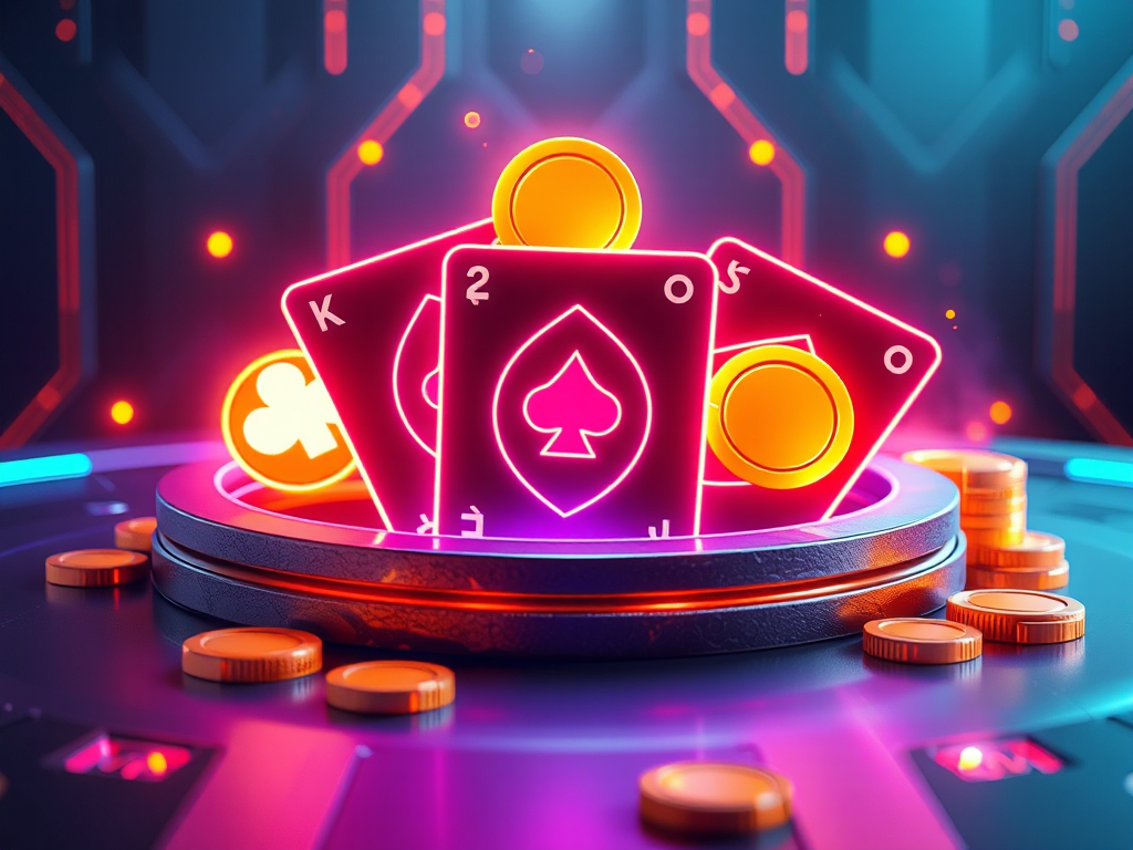 Giao Diện Kỹ Thuật Số Hiện Đại Với Các Lá Bài Lấp Lánh Và Chip Vàng Sang Trọng Minh Họa Cho Vị Thế Cổng Game Sunwin. Giao diện kỹ thuật số hiện đại với các lá bài lấp lánh và chip vàng sang trọng minh họa cho vị thế cổng game Sunwin.