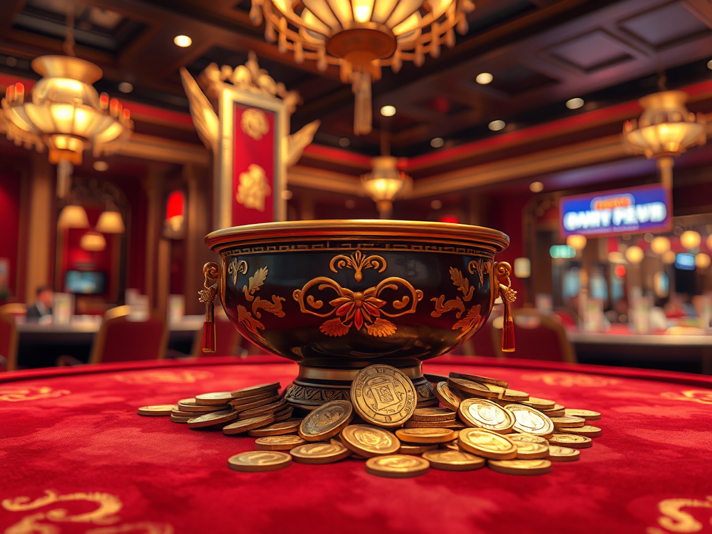 Giao diện trò chơi Xóc Đĩa Sunwin với bát đĩa sứ và các đồng xu trên nền vải nhung đỏ sang trọng trong sòng bài.