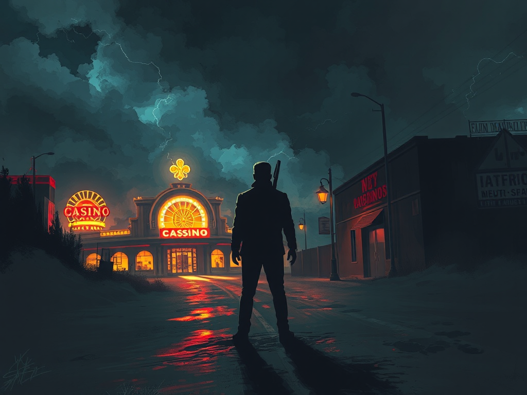 Hình Ảnh Người Đứng Trước Ngã Tư Đường, Một Bên Là Sòng Bạc Sáng Đèn, Bên Kia Là Hẻm Tối, Minh Họa Rủi Ro Pháp Lý Khi Chơi Game Sunwin. Hình ảnh người đứng trước ngã tư đường, một bên là sòng bạc sáng đèn, bên kia là hẻm tối, minh họa rủi ro pháp lý khi chơi game Sunwin.