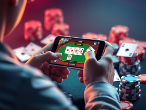 Người chơi đang trải nghiệm game Phỏm Sunwin trên điện thoại thông minh, xung quanh là chip và quân bài, minh họa cho hướng dẫn chơi Phỏm Sunwin ăn tiền.