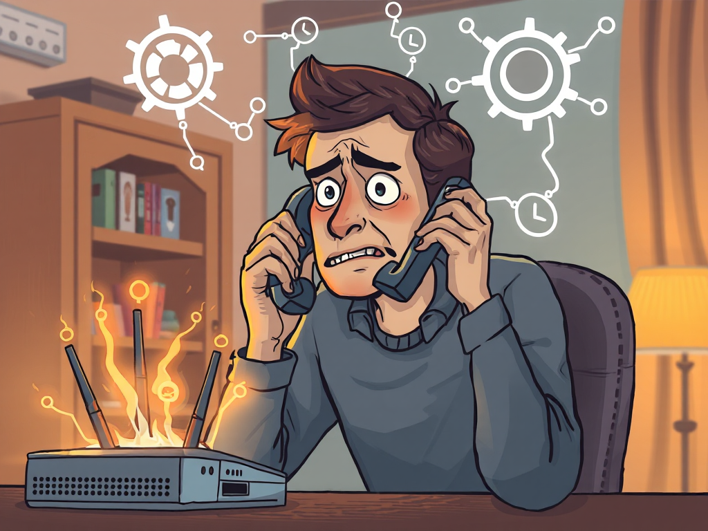 Người dùng bực bội gọi điện thoại, xung quanh là biểu tượng mạng, router nhấp nháy, minh họa cho vấn đề nghẽn mạng cần hỗ trợ khách hàng Sunwin.