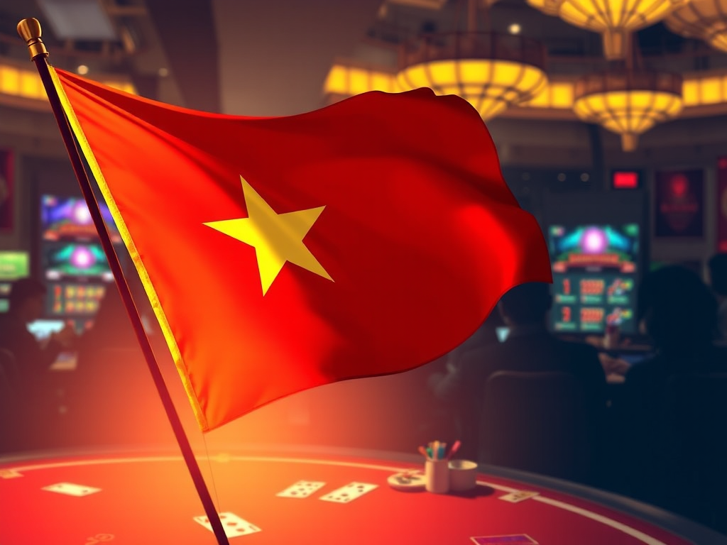 So sánh Sunwin và các cổng game bài quốc tế 2026: Hình ảnh cờ Việt Nam và người chơi game, thể hiện trải nghiệm "Made in Vietnam".