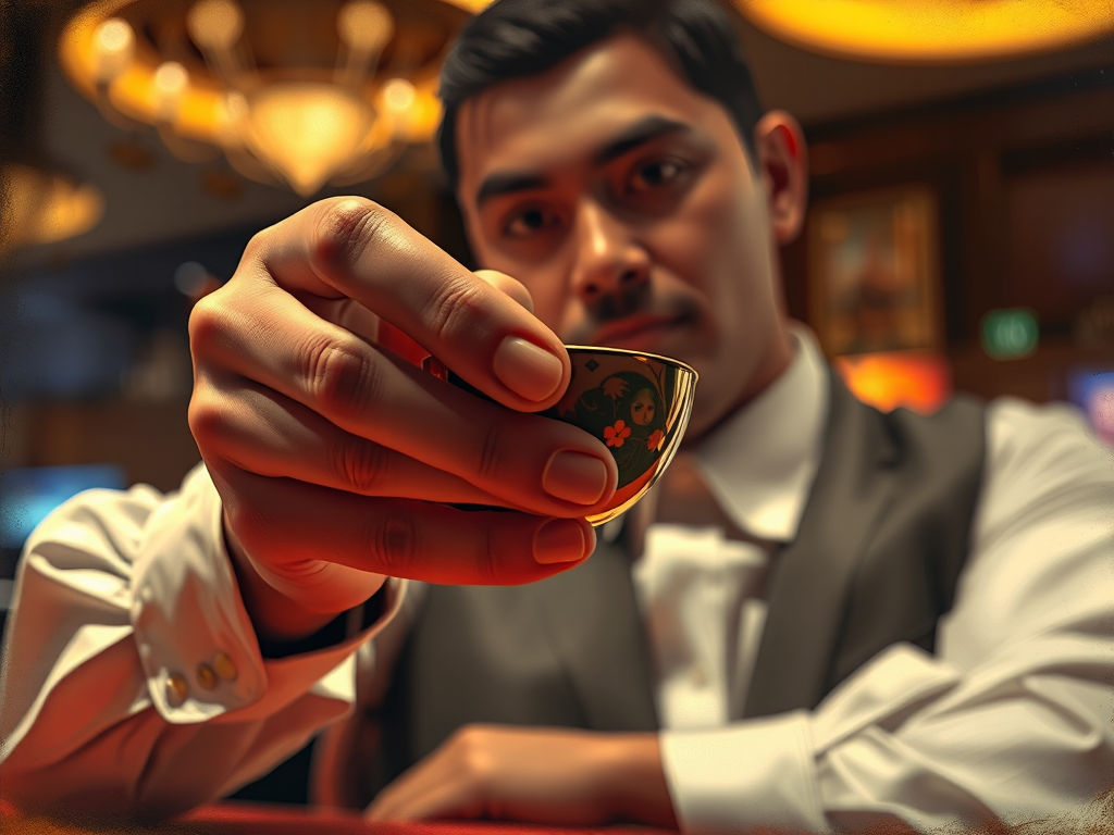 Tay của người chia bài Xóc Đĩa Sunwin đang xóc đĩa điêu luyện, ánh sáng sòng bạc mờ ảo, hình ảnh minh họa mẹo chơi.