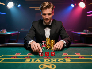 Cao thủ chơi sicbo sunwin tung xúc xắc trên bàn casino sang trọng, chồng chip vàng thắng lớn, ánh sáng rực rỡ và không khí hồi hộp chuyên nghiệp