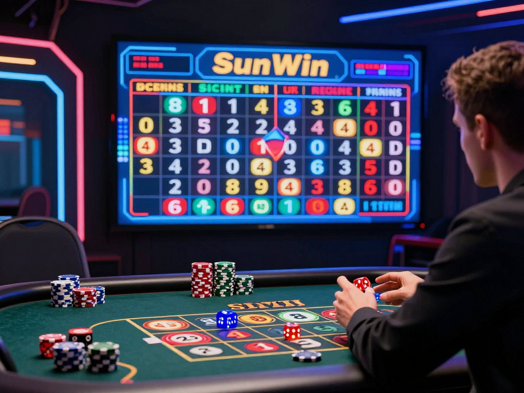 Cao thủ sicbo sunwin kinh nghiệm chơi phân tích bảng lịch sử phiên 2026 trên màn hình kỹ thuật số, xúc xắc và chip casino xung quanh bàn sòng bạc hiện đại