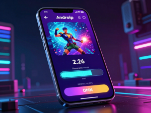 Điện thoại Android hiện đại đang tải Sunwin APK cho Android 2026 phiên bản v4.7.2 tối ưu 87MB, giao diện gaming rực rỡ, nền neon tương lai công nghệ cao