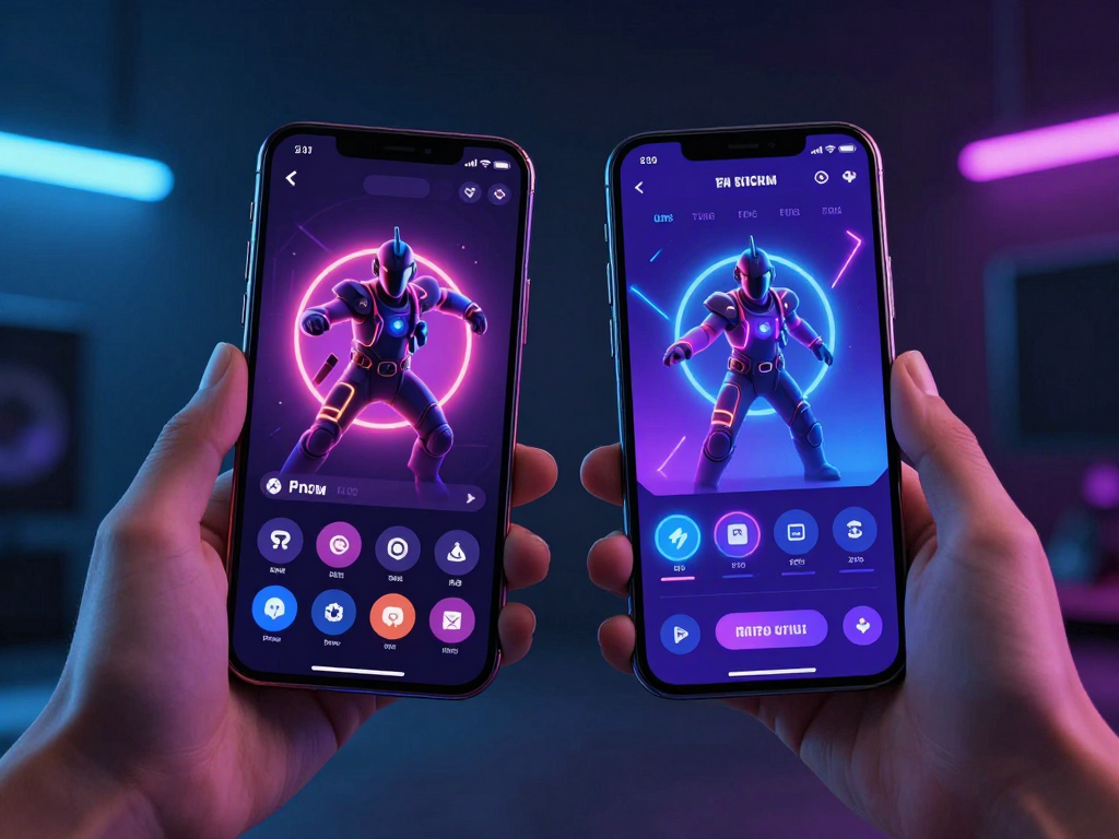 Game thủ so sánh giao diện UX/UI Sunwin so với Hit Club 2026 trên hai màn hình điện thoại, ánh sáng neon rực rỡ trong phòng tối hiện đại