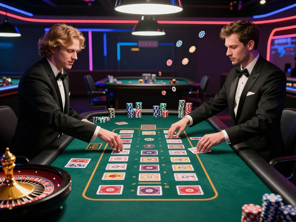 Hình ảnh minh họa sunwin so với 68 game bài 2026: Hai dealer live casino đối đầu chia bài tại bàn chơi sôi động với roulette và ánh sáng neon rực rỡ