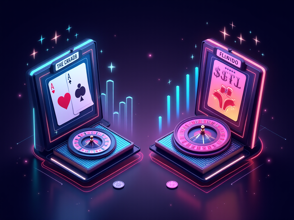 Hình ảnh minh họa sunwin so với ku casino 2026 hiển thị trò chơi bài, slot, roulette và biểu đồ so sánh tỷ lệ trả thưởng trên màn hình kỹ thuật số neon rực rỡ