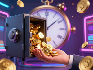 Hình ảnh minh họa thời gian rút tiền Sunwin nhanh chóng với đồng xu vàng tuôn ra từ két sắt kỹ thuật số vào tay người dùng, đồng hồ quay vùn vụt nền casino rực rỡ