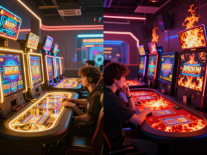 Hình ảnh so sánh sunwin so với hit club 2026: hai sòng bạc game tương lai chia màn hình, máy slot vàng bên trái, bàn bài đỏ bên phải, game thủ cân nhắc dưới ánh neon rực rỡ