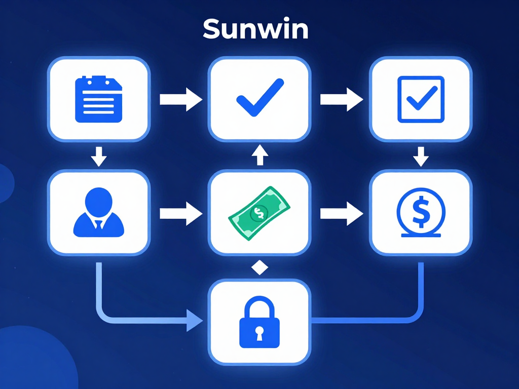 Hình minh họa quy trình xét duyệt rút tiền Sunwin với các biểu tượng yêu cầu, kiểm tra, phê duyệt và chuyển khoản trên giao diện kỹ thuật số hiện đại