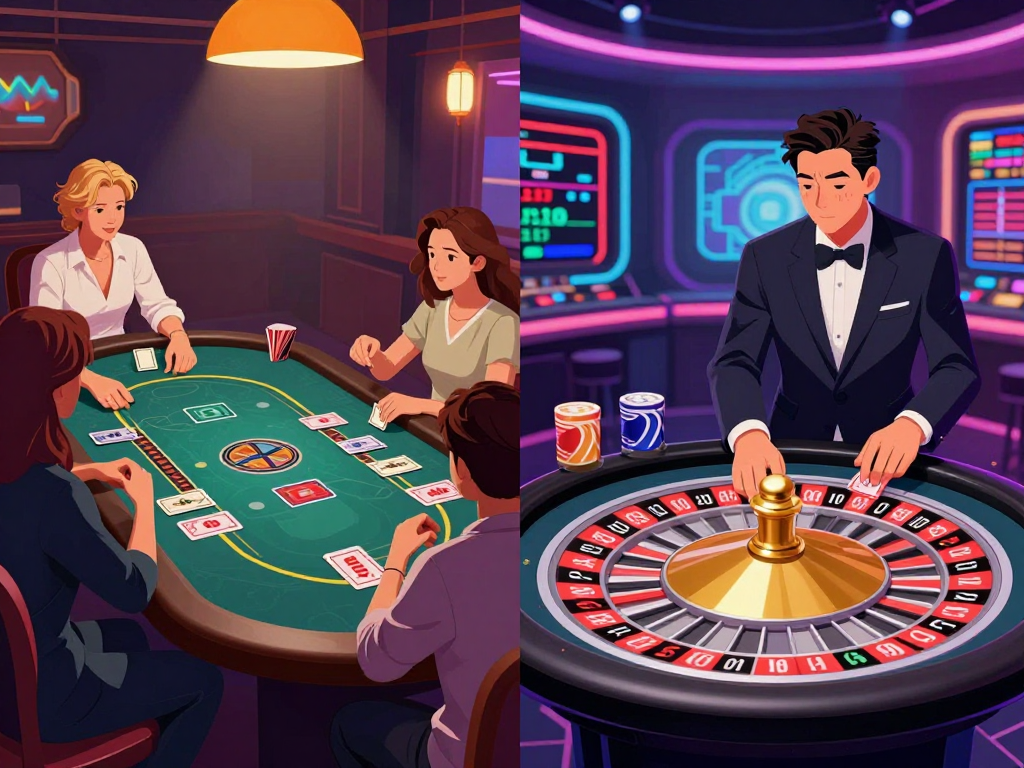 Hình minh họa so sánh Sunwin so với Ku Casino 2026 qua bàn chơi bài truyền thống bên trái và dealer casino trực tuyến bên phải, ánh sáng neon rực rỡ