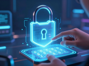 Khóa kỹ thuật số ba lớp bảo mật bảo vệ cách đổi mật khẩu Sunwin an toàn trên màn hình holographic, nền cyberpunk tương lai ánh sáng neon xanh