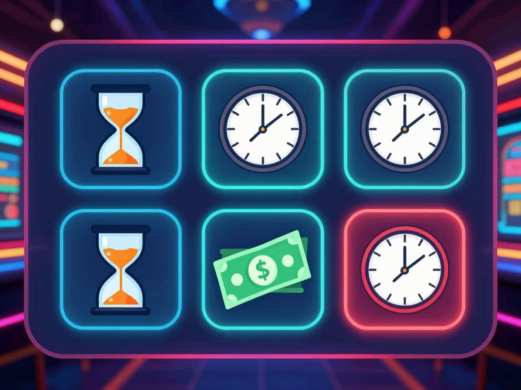 Màn hình kỹ thuật số hiển thị biểu tượng phương thức thanh toán kèm đồng hồ cát và kim đồng hồ chỉ thời gian rút tiền Sunwin bao lâu đa dạng