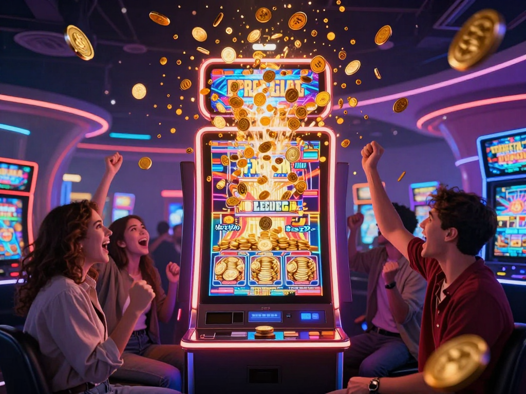 Máy nổ hũ Sunwin Jackpot 2026 phun trào tiền vàng rực rỡ trong sòng bạc tương lai, người chơi reo hò phấn khích dưới ánh neon sống động
