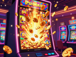 Máy slot nổ hũ sunwin jackpot 2026 phun trào vàng xu khổng lồ, ánh sáng neon rực rỡ, không khí sòng bạc sang trọng sôi động