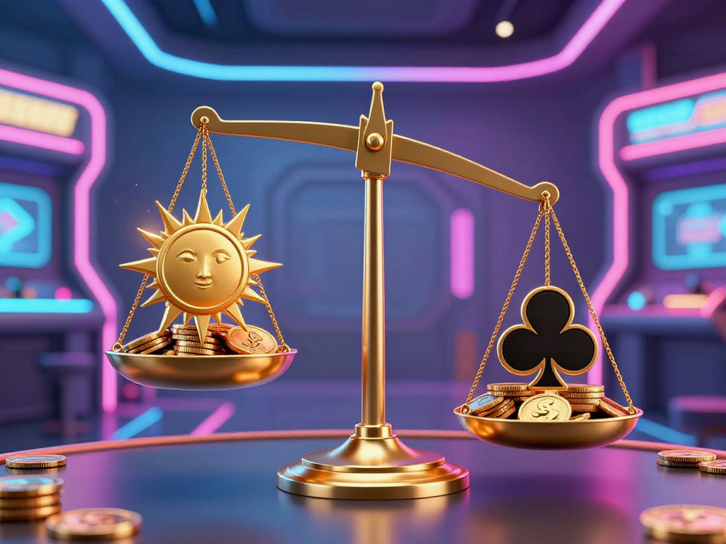 Minh họa so sánh sunwin so với hit club 2026 bằng cán cân vàng với đống xu cao bên biểu tượng mặt trời và thấp hơn bên gậy, sảnh casino neon tương lai