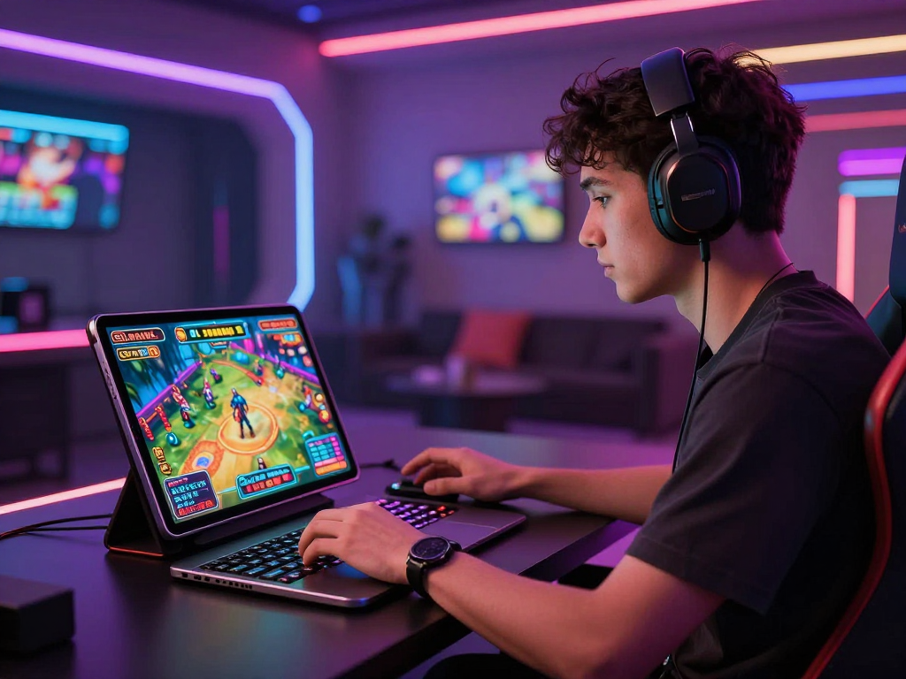 Người chơi chuyên nghiệp trải nghiệm Sunwin sống động trên iPad Pro trong không gian hiện đại 2026, màn hình rực rỡ minh họa sunwin có chơi được trên ipad không