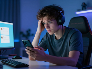 Người chơi game trẻ thất vọng kiểm tra thông báo trống trên điện thoại thông minh không nhận được code Sunwin, phòng ngủ hiện đại ánh sáng xanh, phong cách chân thực