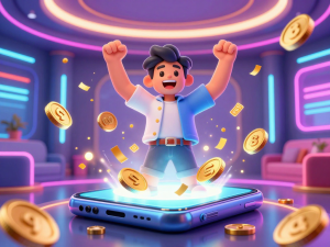 Người chơi phấn khích ăn mừng jackpot lô đề Sunwin tỷ lệ 1 ăn 99 trên điện thoại, tiền vàng và pháo giấy bay tứ tung trong phòng sang trọng hiện đại