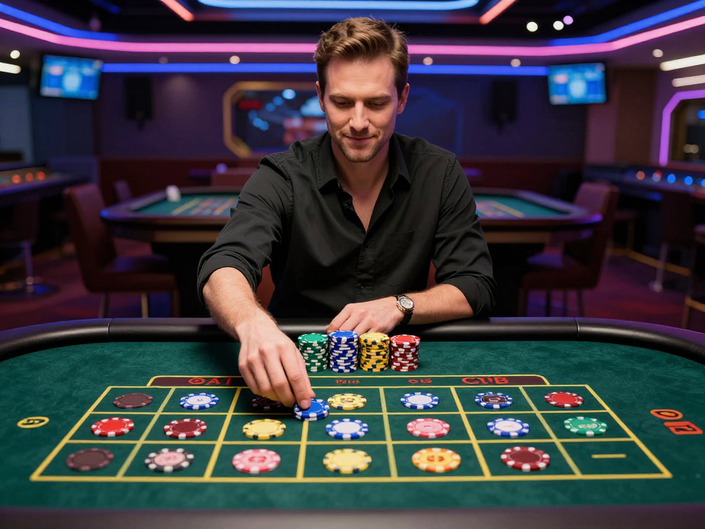 Người chơi sicbo Sunwin chuyên nghiệp đặt cược đa cửa trên bàn cược, quản lý vốn với chồng chip lớn, ánh sáng casino rực rỡ minh họa kinh nghiệm chơi