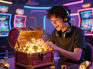 Người chơi tân thủ hứng thú mở rương kho báu phát sáng chứa giftcode Sunwin tân thủ 2026 trong casino kỹ thuật số tương lai với ánh neon rực rỡ