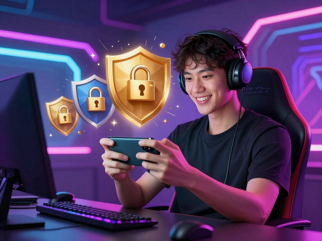 Người chơi tự tin cầm điện thoại nhận khuyến mãi sunwin mới nhất 2026 an toàn với khiên bảo vệ và khóa, thiết lập chơi game hiện đại rực rỡ