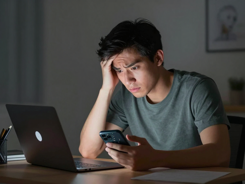 Người đàn ông trẻ lo lắng trước laptop hiển thị màn hình đăng nhập Sunwin, cầm điện thoại hỏng bên cạnh, minh họa quên mật khẩu sunwin phải làm sao