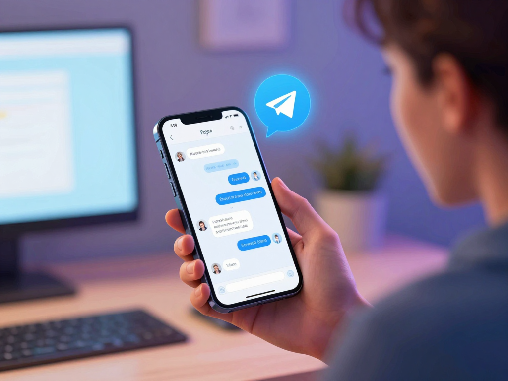 Người dùng cầm điện thoại hiển thị giao diện Telegram Bot nhận mã xác thực Sunwin, bàn làm việc hiện đại với ánh sáng dịu nhẹ và biểu cảm vui vẻ