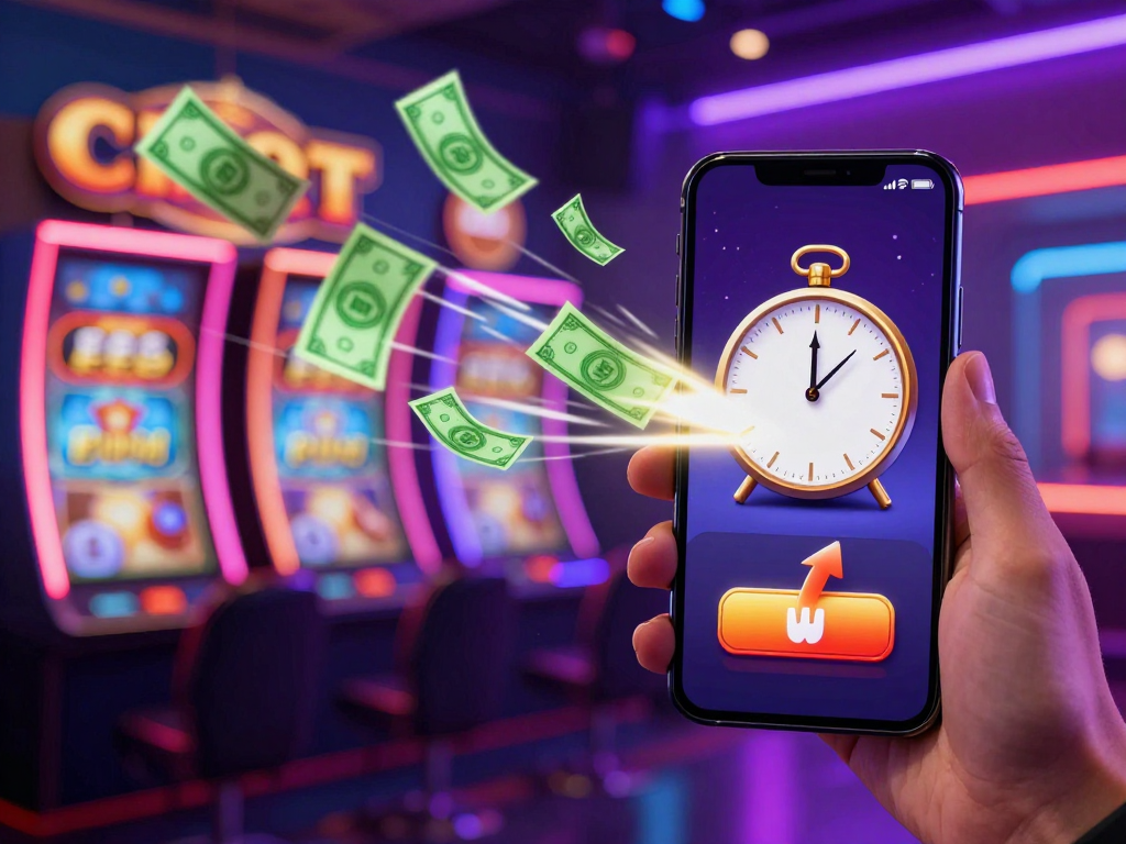 Người dùng cầm điện thoại nhận thông báo rút tiền Sunwin nhanh trong 5 phút, biểu tượng tiền bay ra với hiệu ứng tốc độ, giao diện ứng dụng sòng bạc hiện đại