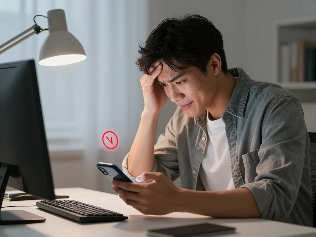 Người dùng đang khắc phục sunwin bị lỗi không vào được trên điện thoại thông minh tại bàn làm việc hiện đại, từ biểu tượng lỗi đỏ đến thành công nhanh chóng