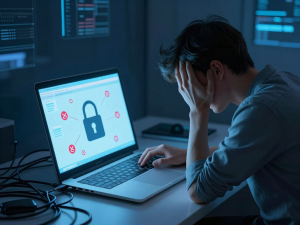 Người dùng gặp sunwin bị lỗi không vào được trên laptop, màn hình hiển thị biểu tượng khóa và tín hiệu lỗi đỏ, dây cáp mạng rối, không khí khắc phục sự cố