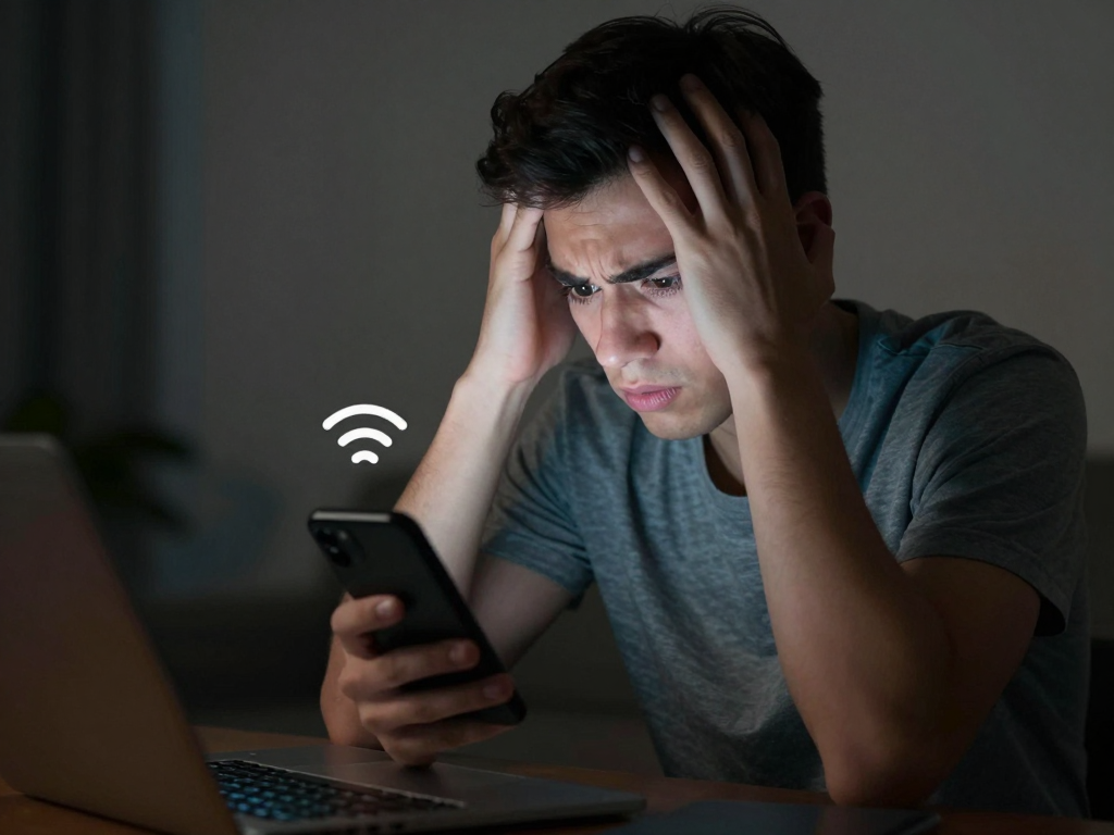 Người dùng trẻ bực tức cầm điện thoại thông minh kiểm tra thông báo trống, không tín hiệu mạng và WiFi yếu trong phòng mờ tối