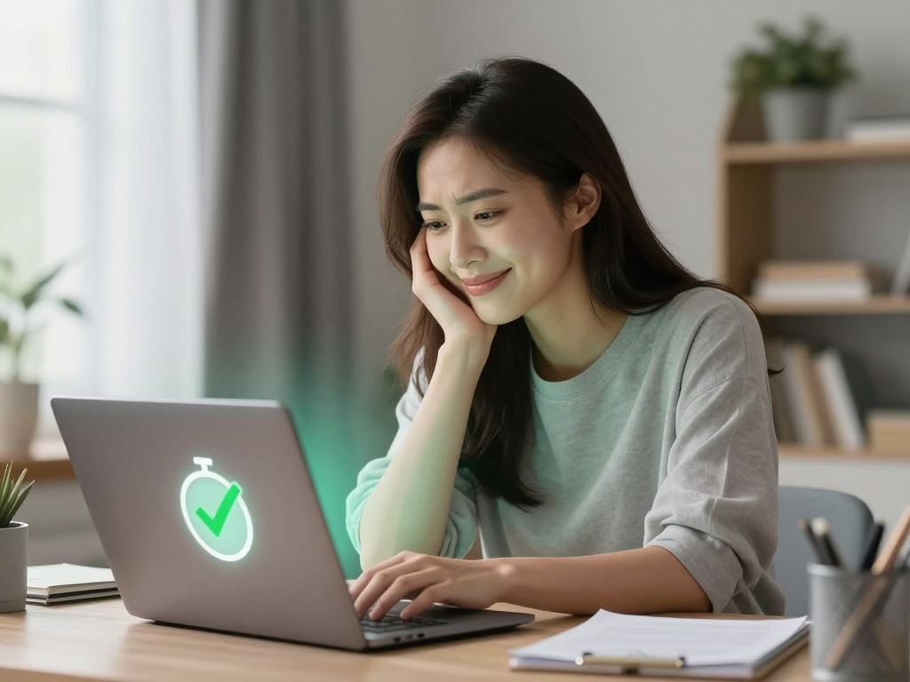 Người dùng trẻ tuổi vui mừng khôi phục mật khẩu Sunwin qua tính năng tự phục hồi trên laptop, biểu tượng thành công và đồng hồ 30 giây, quên mật khẩu sunwin phải làm sao