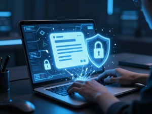 Người dùng xóa tài khoản Sunwin vĩnh viễn trên màn hình laptop sáng rực, biểu tượng khóa vỡ và khiên bảo mật kích hoạt, nền cyberpunk tối với ánh sáng neon xanh