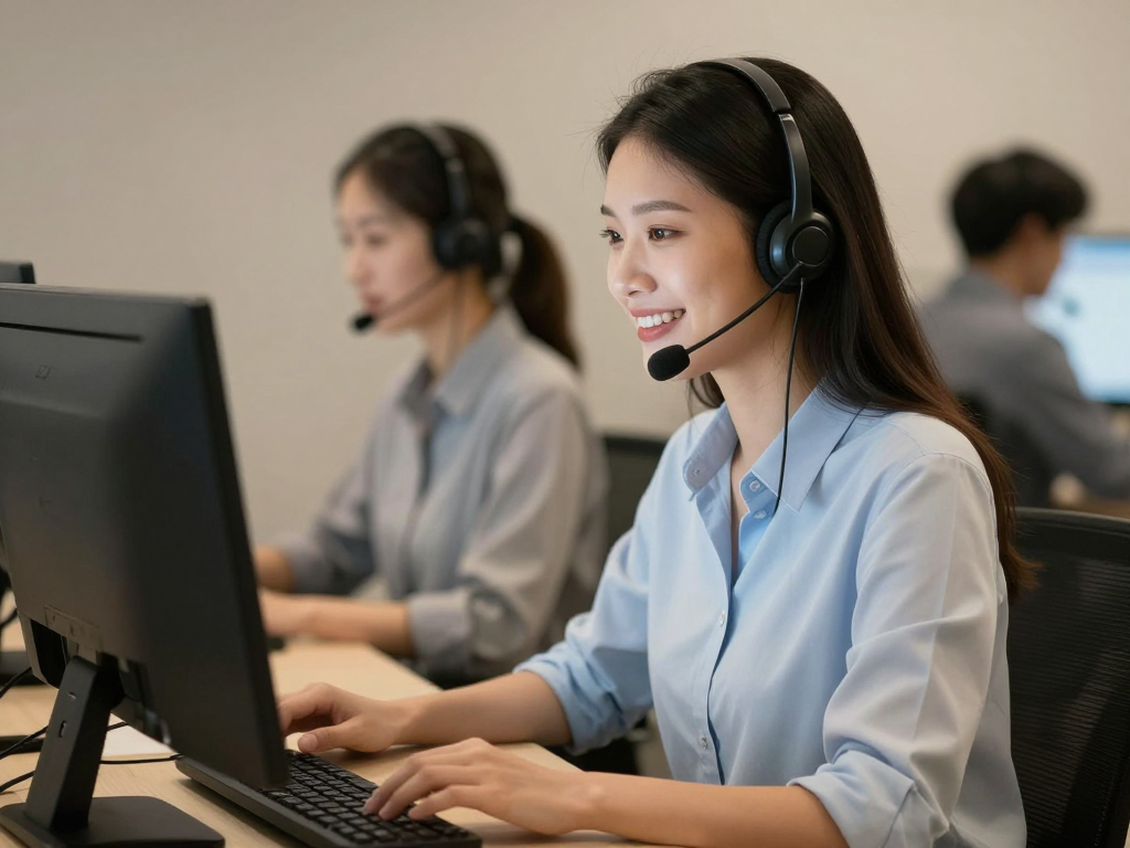 Nhân viên CSKH đeo tai nghe hỗ trợ khách hàng thủ công qua chat trên máy tính trong trung tâm hỗ trợ hiện đại, ánh sáng ấm áp