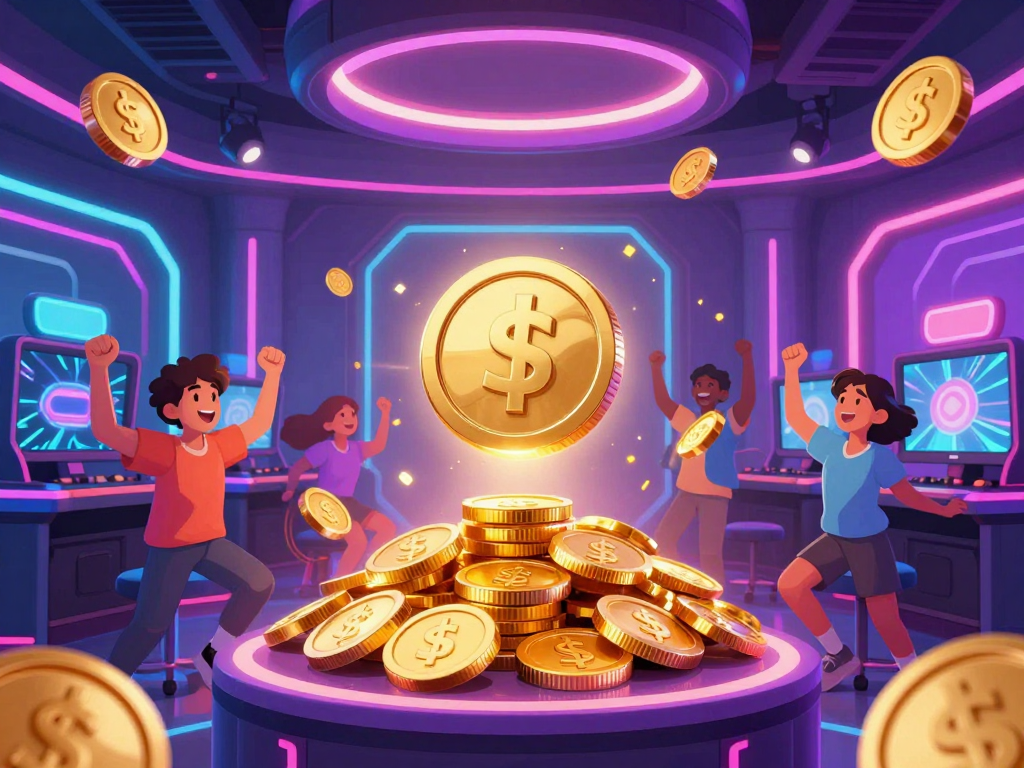 Nhóm người chơi đa dạng hào hứng nhận khuyến mãi Sunwin mới nhất 2026 trong sòng bạc tương lai với ánh sáng neon rực rỡ và tiền vàng rơi