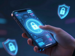 Tay cầm smartphone thực hiện cách đăng ký tài khoản Sunwin trên giao diện bảo mật, khóa và khiên an ninh, nền kỹ thuật số tương lai 2026 ánh sáng neon