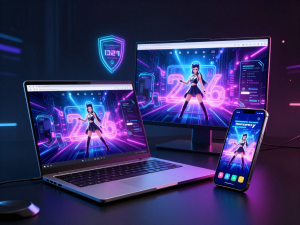 Thiết bị hiện đại hiển thị giao diện tải Sunwin bản web 2026 không bị chặn, ánh sáng neon rực rỡ, phong cách cyberpunk cao cấp sống động