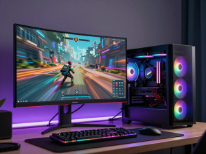 Thiết lập máy tính PC gaming hiện đại tải Sunwin cho máy tính PC 2026, game chạy mượt mà trên màn hình lớn với ánh sáng RGB rực rỡ, phong cách tương lai