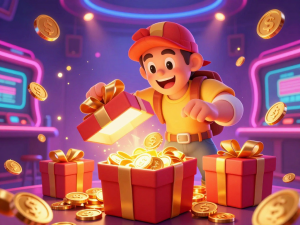 Thợ săn kho báu phấn khích mở hộp quà lấp lánh chứa xu vàng trong sòng bạc ảo neon rực rỡ, không khí sự kiện mã code Sunwin sôi động